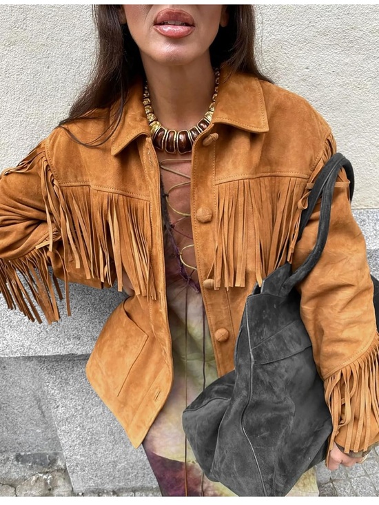 Jackets & Blazers - Faux Suede Fringe Jacket - Tan Brown Women’s Coat oversized